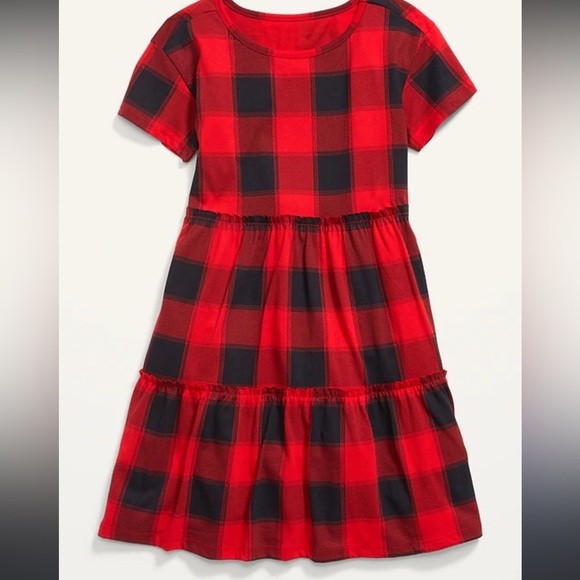Old Navy Girls Tiered Ruffled Dress in Red Buffalo Check small 6-7 christmas - Picture 1 of 5